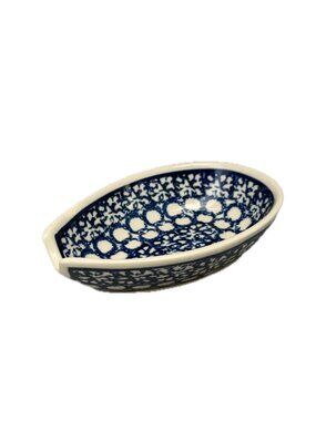Made in Portugal Navy Blue Floral Dot Polish Pottery Spoon Rest Dish Countertop